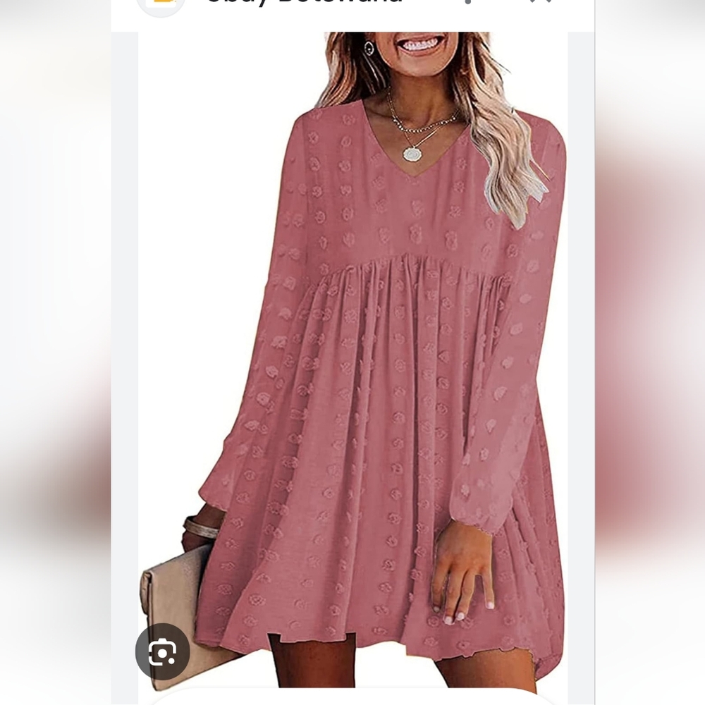 Babydoll High Waisted‎ Mini Dress. Pink Swiss Dot Texture. SIZE XS. LONG SLEEVES
